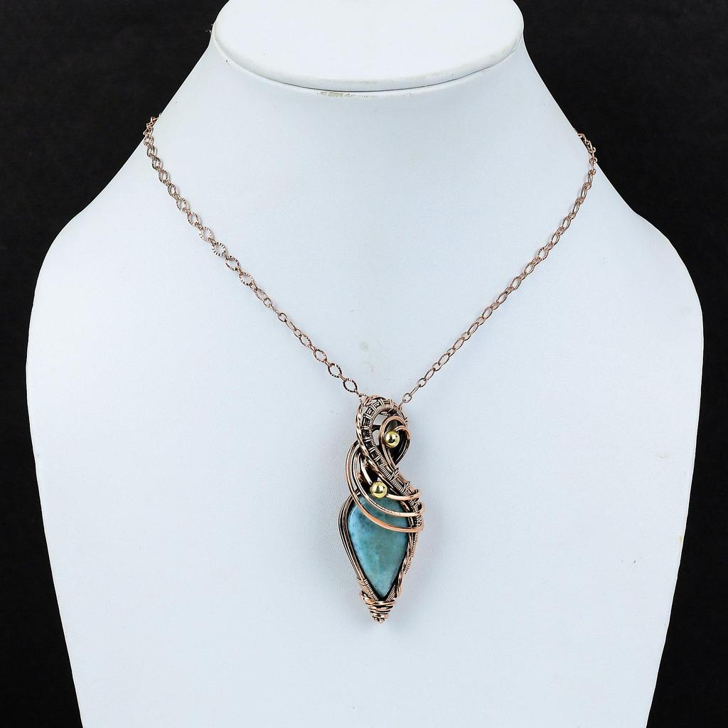 Beautiful Larimar Gemstone Handmade Pure Copper Wire Wrapped Pendant Jewelry
