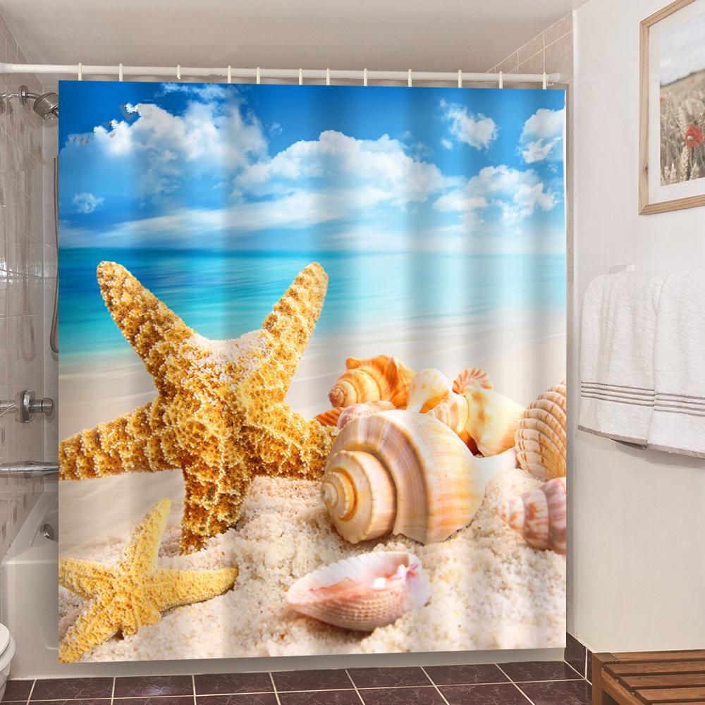 Seaside Sea Beach Sea Wave Coconut Tree Shower Curtains Bathroom Curtain Fabric Waterproof Polyester Bath Curtain With Hooks