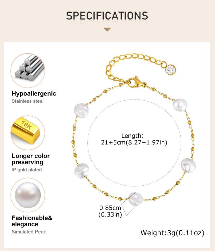 Waterproof Pearl Anklet, Stainless Steel Anklets Beads Link Chain Adjustable, Fashion Jewelry for Women Mom Wife Girlfriend
