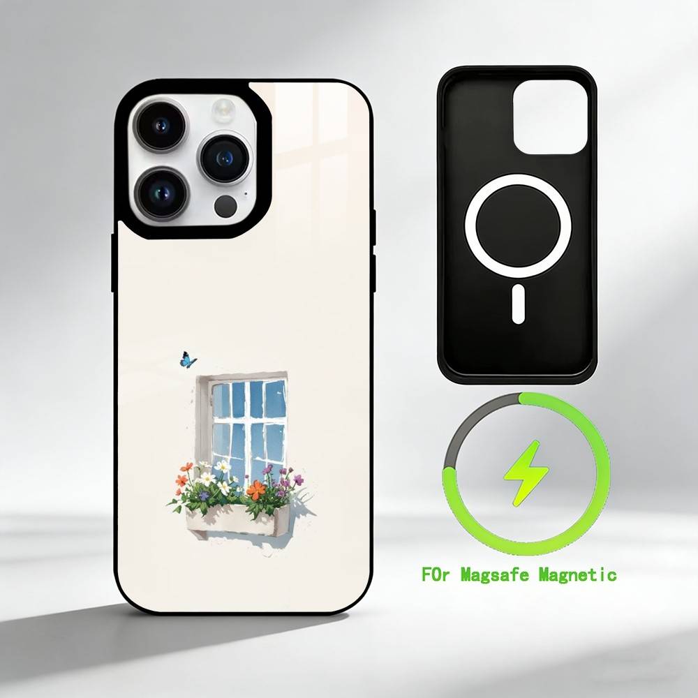 W-Watercolor flowers by the window Phone Case For iPhone 17 16 15 14 13 12 Pro Max Plus for Mirror Wireless Magnetic Cover
