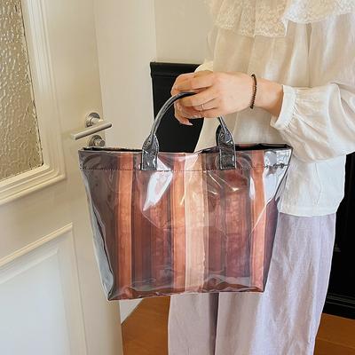 Fashion PVC Transparent Striped Women's Tote Bag Large Capacity Waterproof Handbags Retro Brown Stripe Shoulder Bag for Work