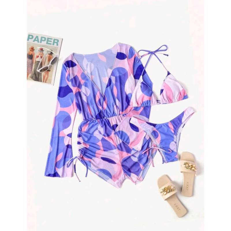3 Piece Sexy Bikini Set Long Sleeve Sheer Mesh Cover Up Colorful Print Deep V Summer Beach Vacation Bathing Suit Swimwear