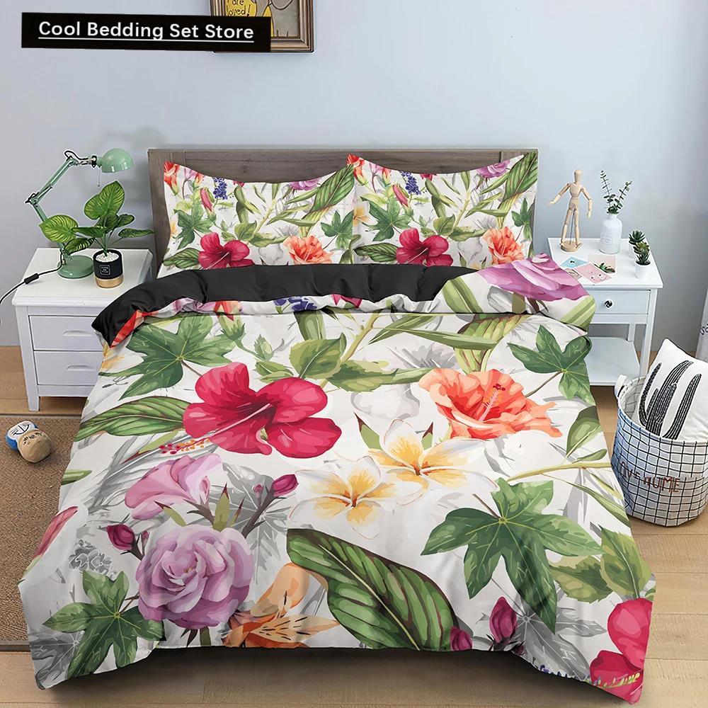 Comforter Flowers King Queen 3D Colorful Floral Printed Polyester Bedding Set For Teens Adults Women Leaves Soft