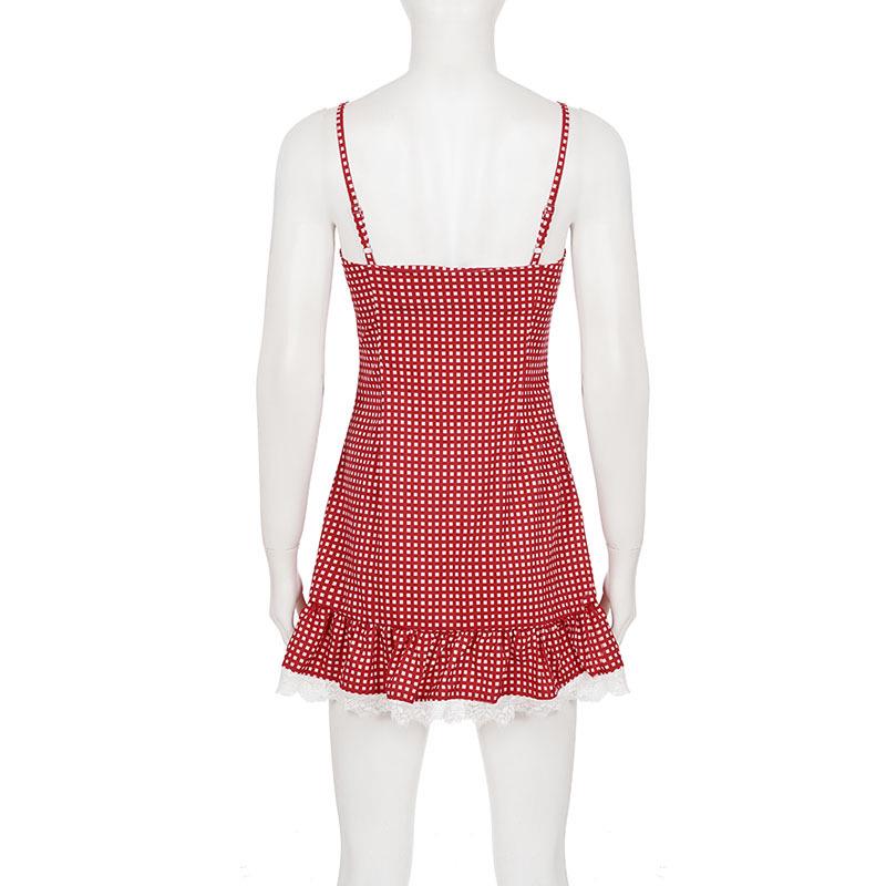 European & American Spicy Girl Lace Patchwork Camisole Dress with Plaid Color Block, Bow, and Ruffle Hem Short Skirt.