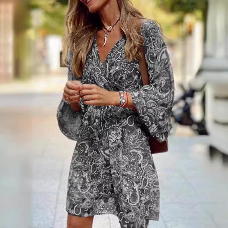 2023 Summer European & American Mid-Waist Printed Short-Sleeve Loose Midi Dress