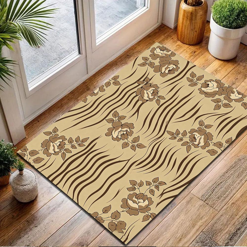 Floral Waves On Taupe Background Patterned Carpet, Non Slip Mat Suitable for Living Room and Bedroom Sofas