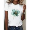 European Size Women'S Casual Summer T-Shirt with Elegant Blue & Golden Floral Design - Short Sleeve, Round Neck, Lightweight Polyester Blend
