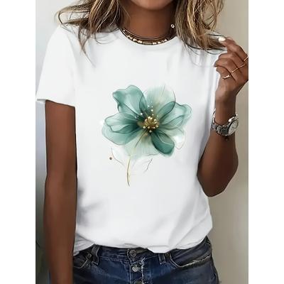 Europäische Größe Damen Freizeit Sommer T-Shirt mit Elegantem Blau-Goldenen Blumenmuster - Kurzarm, Rundhalsausschnitt, Leichte Polyester-Mischung