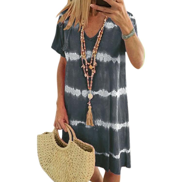 Walmart summer V-neck striped print tie-dye short-sleeved dress for women's European and American style