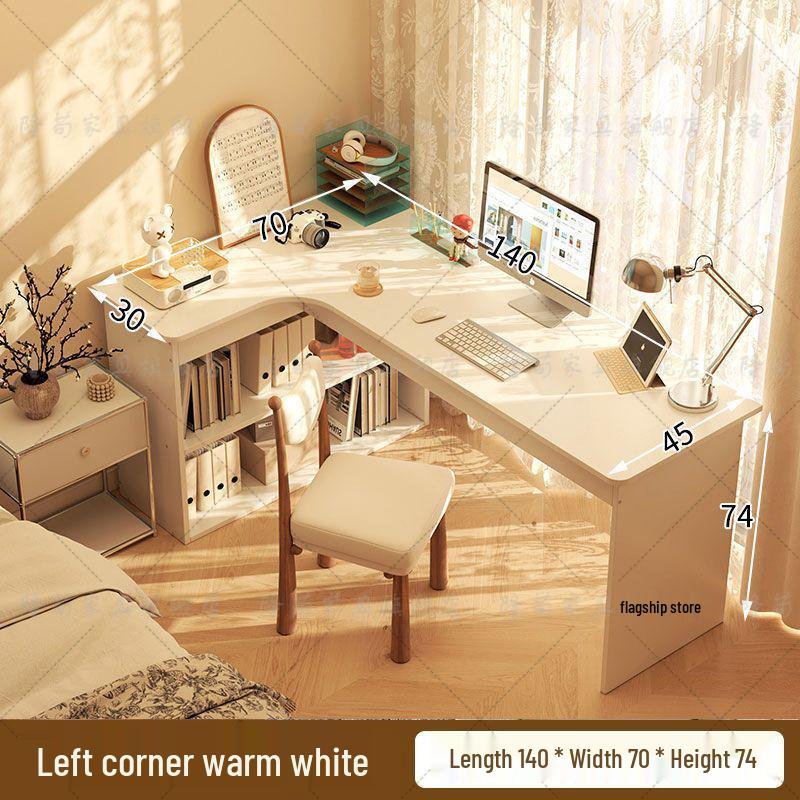 Compact Corner Computer Desk with Integrated Bookshelf & Vanity for Bedroom or Home Office
