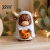 Vivid Resin Figurine Highland Cow Ghost with Pumpkin Candy Bowl Cute Halloween Decorative Holder Tabletop Decor for Farmhouse Home Decoration