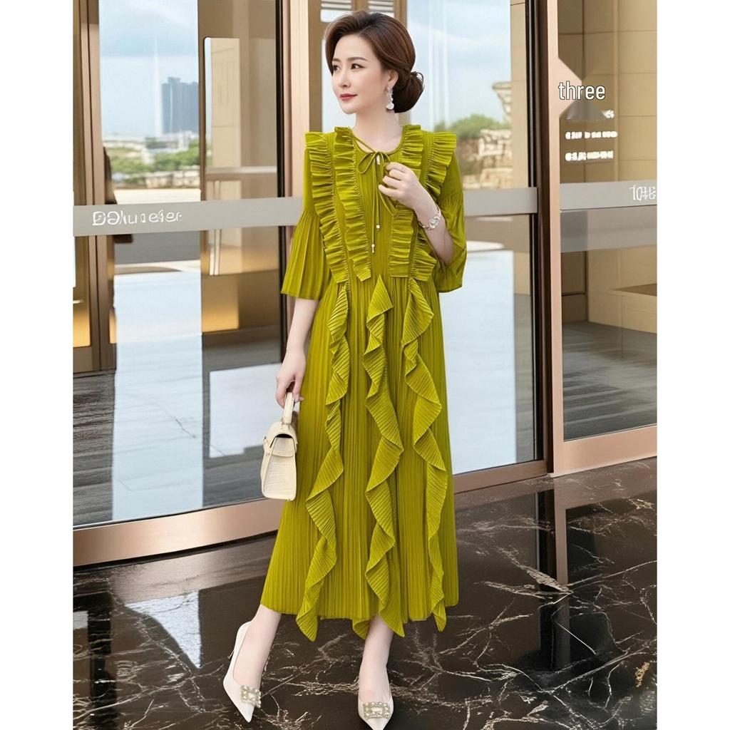 Elegant High-End Pink Pleated Spring Dress, Long Skirt with Irregular Design, Plus Size Women's Fashion.