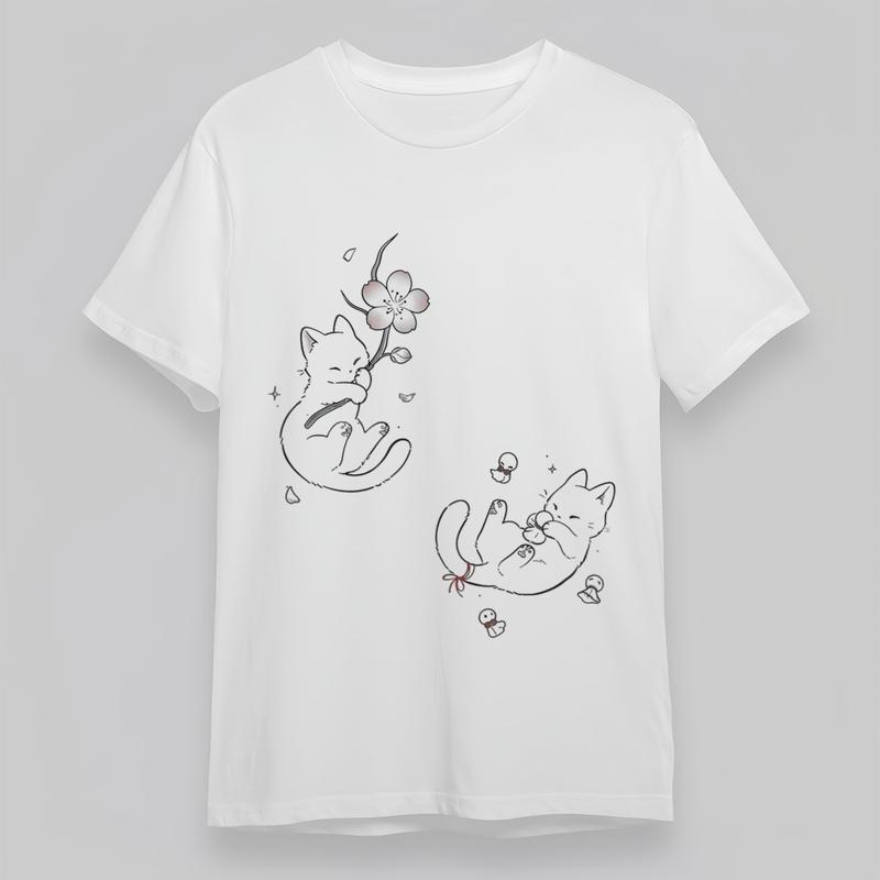 Women's Plus Size Classic T-Shirt Cartoon Cat And Flower Graphic 100% Cotton Tee