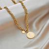 18K Gold Plated Queen Elizabeth Coin Necklace, Double Medallion Pendant with Paperclip Chain, Vintage Stainless Steel Jewelry