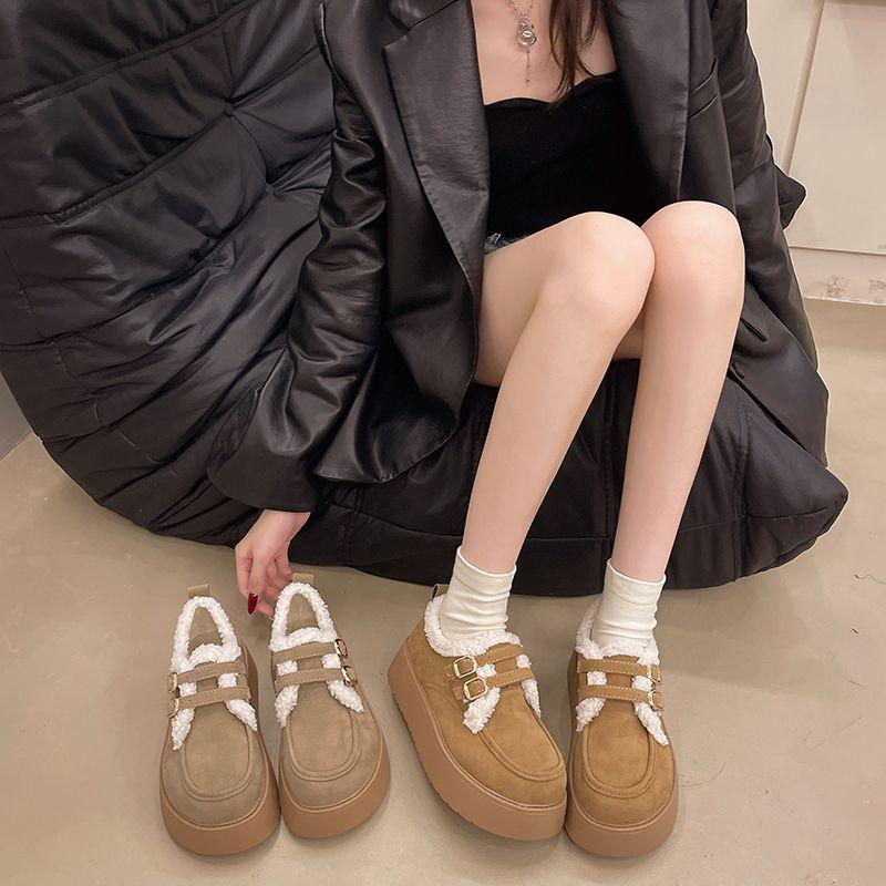 Low top plus winter slope heel college wind hair fleece snow boots fluff thin Birkenstock cotton shoes women's tide muffin