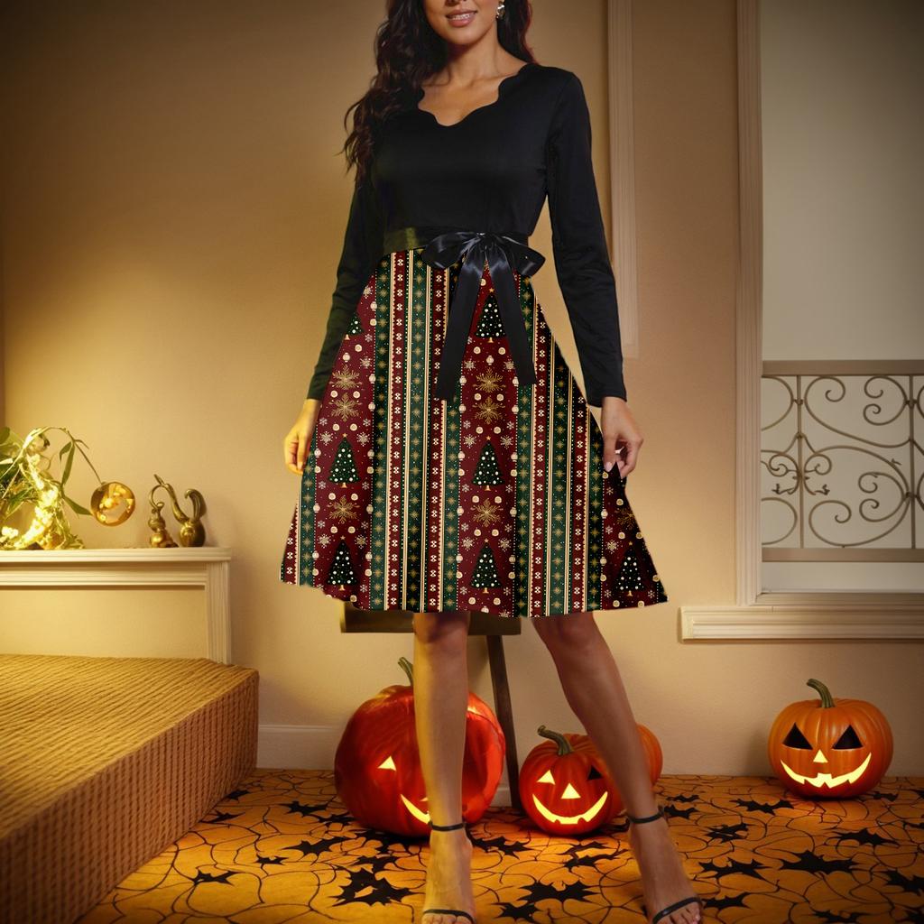 Women's Casual Fashion V-neck Long Sleeved Retro Christmas Print Retro Dress