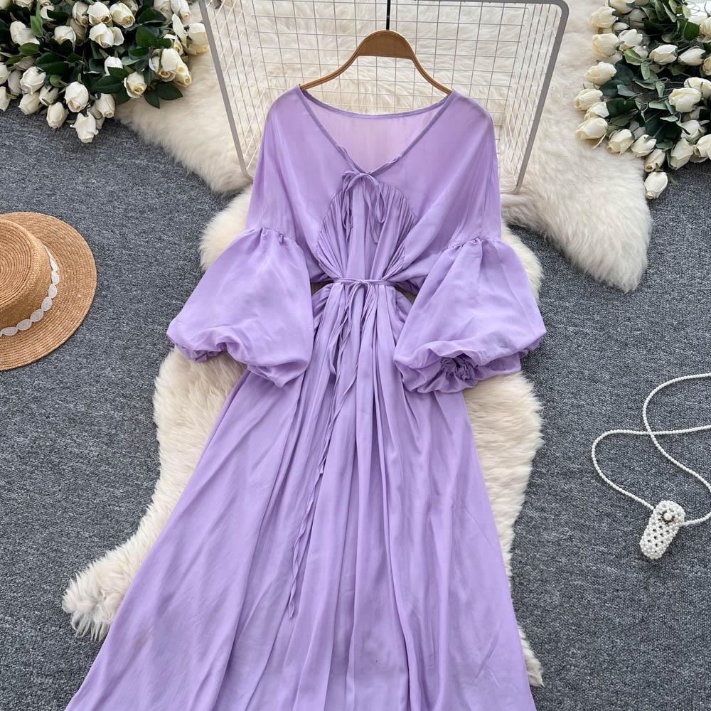 Retro V-Neck S páskem v pase Lucernový rukáv Délka ke kolenům A-Line Midi šaty Korejský Sle Letní Dlouhé šaty pro ženy