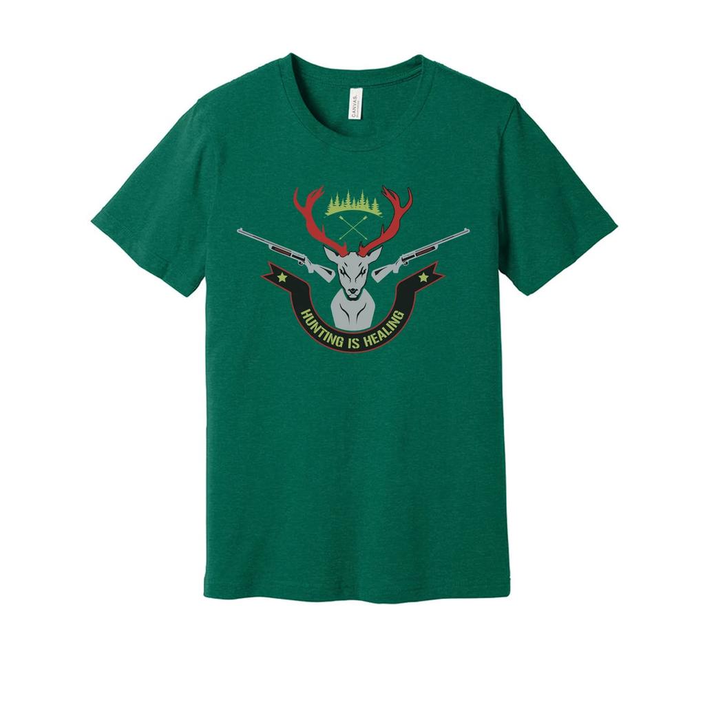 Unisex Hunting Graphic Tee With Deer Crest And Crossed Rifles Reading Hunting Is
