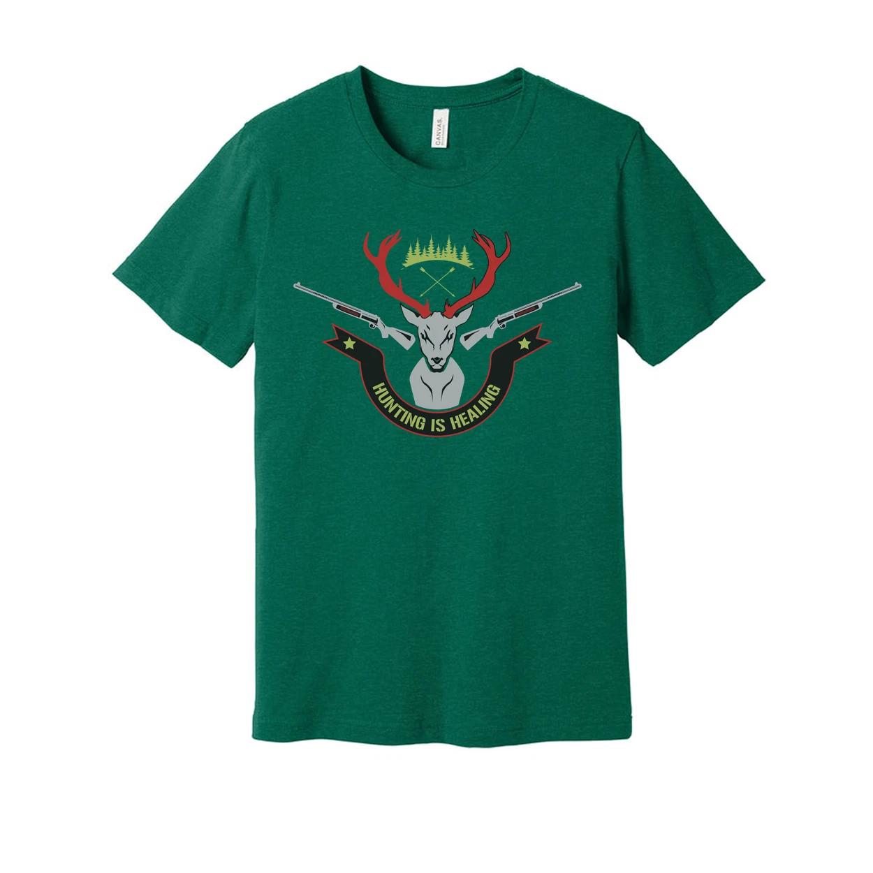 Unisex Hunting Graphic Tee With Deer Crest And Crossed Rifles Reading Hunting Is L