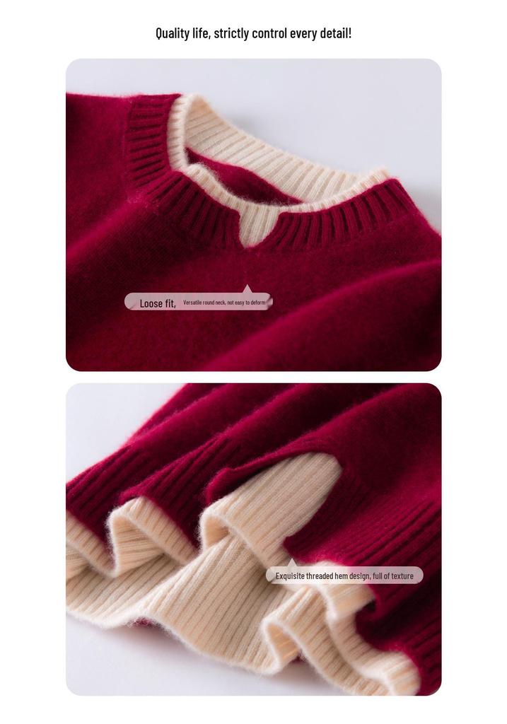 Women's Cashmere Color Block Slit Pullover: Autumn/Winter Thick Two-Piece Knitwear