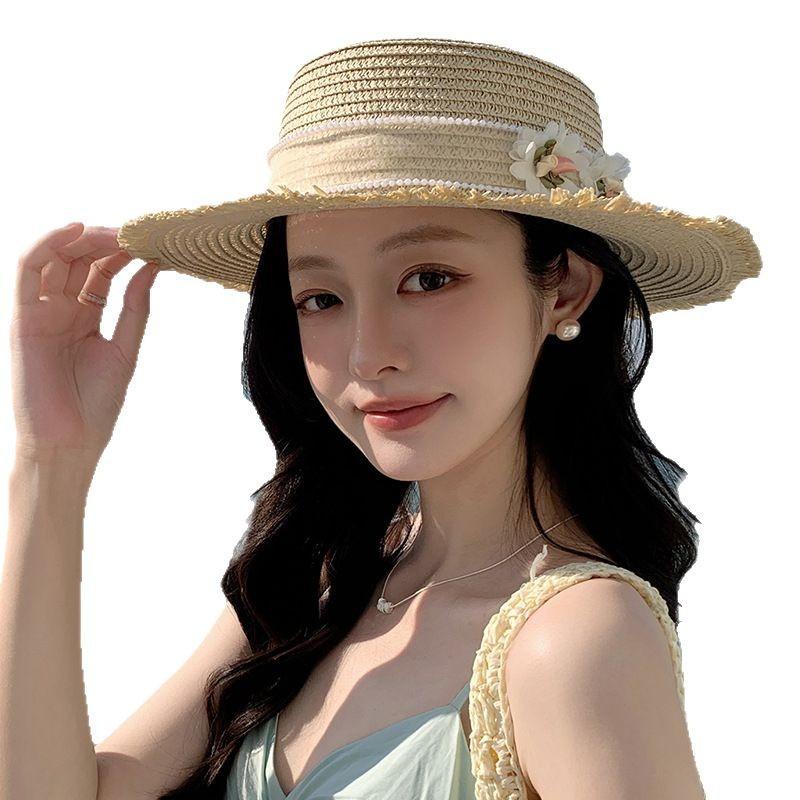 Women Summer Straw Hat Bowknot Ribbon Beach Sun Hat for Vacation Travel Seaside Photo Taking Sunscreen Visor Bucket Hat