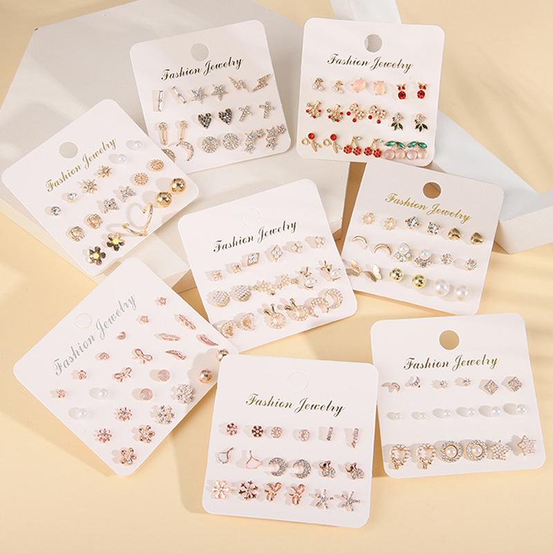 12 Pairs/Set Women'S Pearl Flower Crystal Mix Design Studs Earrings Girls Elegant Gold Heart Ear Jewelry Gift