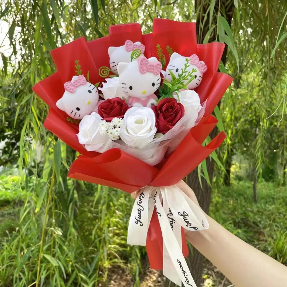 Bambole Gatto Kawaii Hello Kitty con Fiori Artificiali Bouquet Creativo Regali di Natale San Valentino Compleanno Laurea