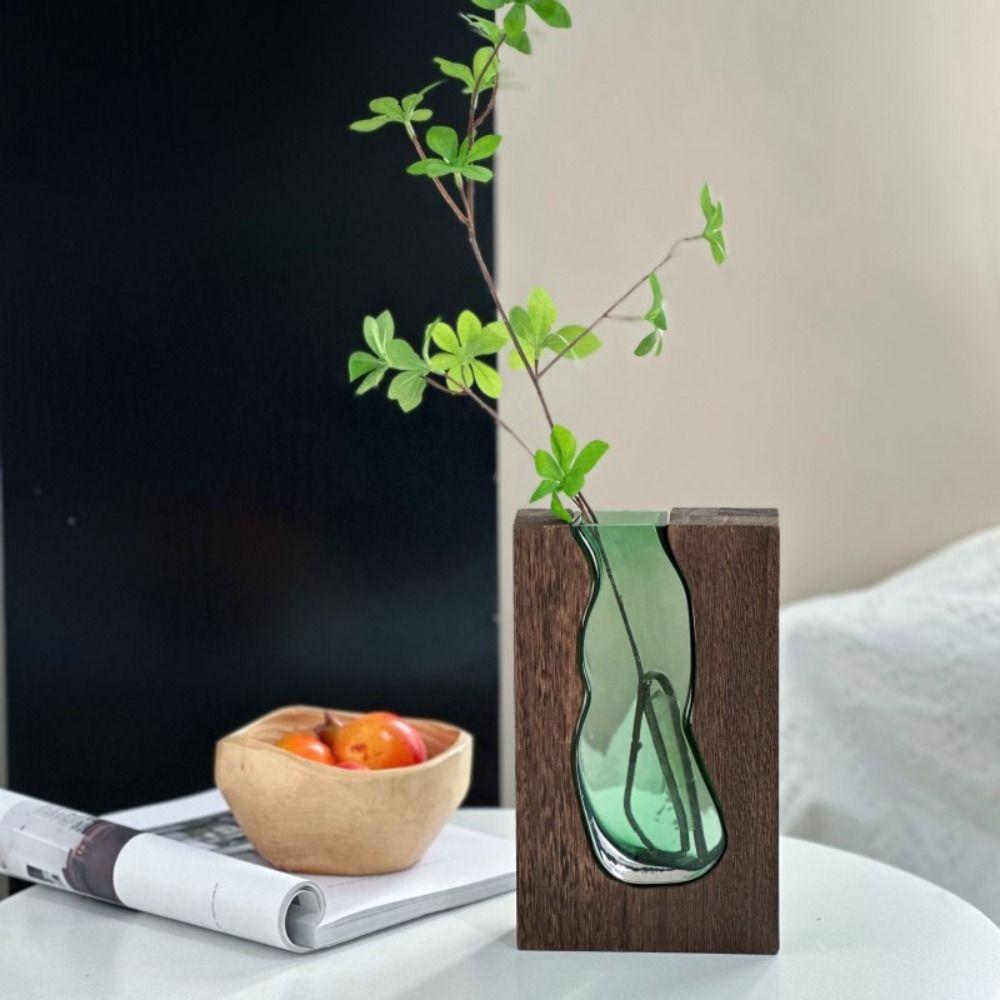 Wooden Glass Vase Transparent Flower Pot Desktop Ornament Hydroponic Flower Holder  Office
