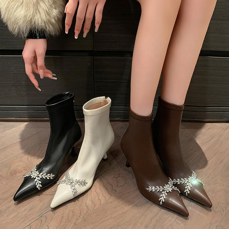 2025 Autumn and Winter Pointed Thin High Heel Short Boots Women's Large Size 34-42 Women's Shoes Martin Boots Rhinestone Ankle Boots Skinny Boots