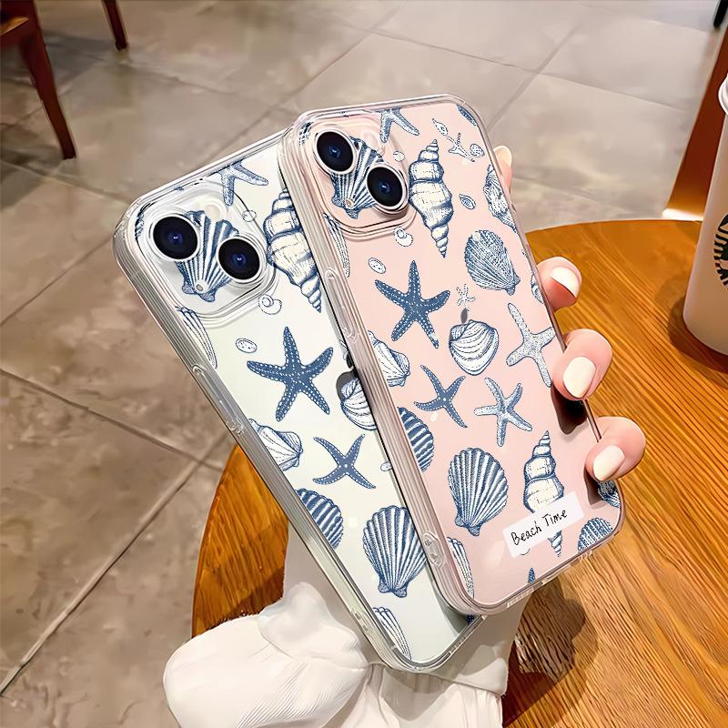 Blue starfish shell transparent TPU mobile phone case iphone16plus silicone soft case Apple 17 lens all-inclusive