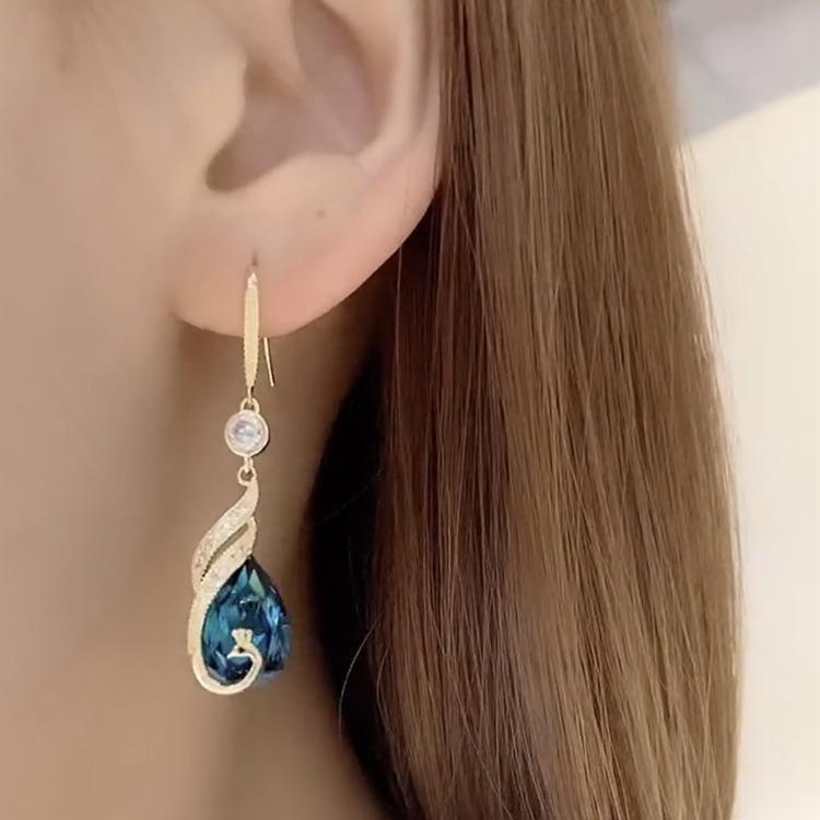 Fashionable Design, Internet Celebrity, Blue Peacock Ear Line Earrings, New Trendy Long Style, Phoenix Tassel Earrings