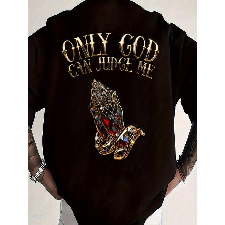 Men s Plus Size ONLY GOD CAN JUDGE ME Black Shirt - Bold Golden Text with Intricate Prayer Hands Design, Stylish and Statement-Making Top for S чёрный