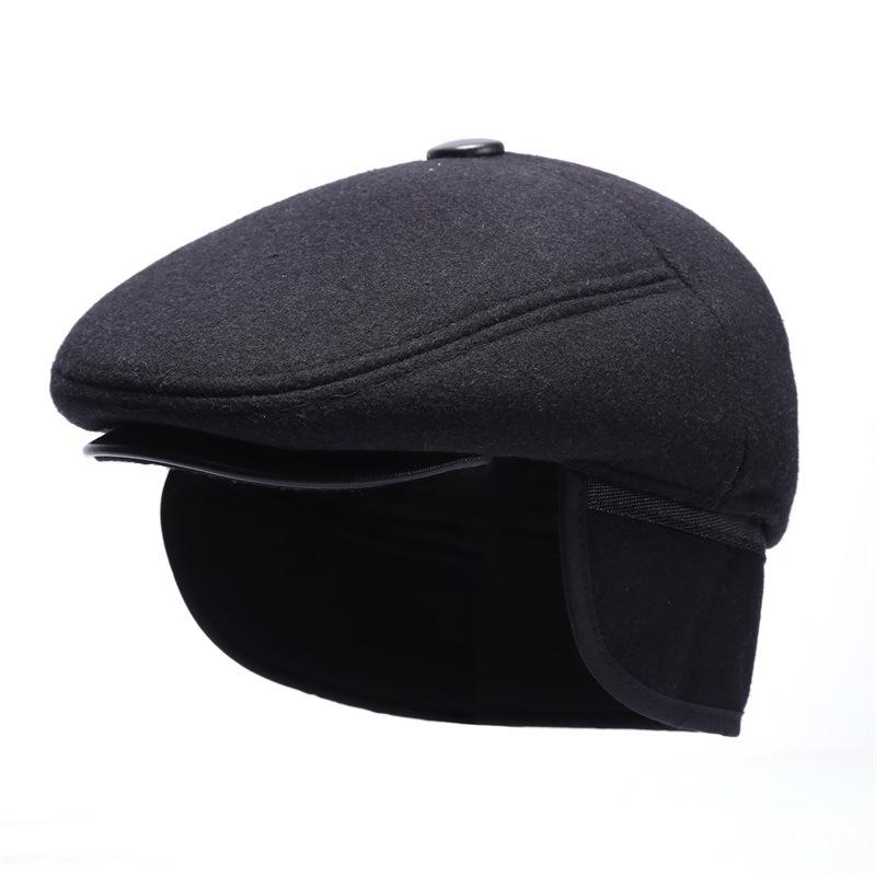 1 Pc Warm Winter Caps for Men Solid Black Grey Ivy Newsboy Flat Cap Male 5 Panels Beret Hat with Ear Flaps Bere