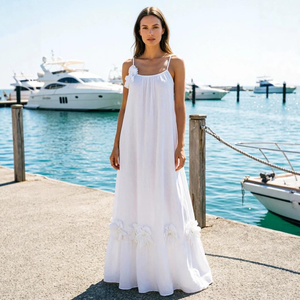 European and American Cross-border New Women's Skirt Fashionable Three-dimensional Flower French Casual Loose Suspender Long Dress Dress