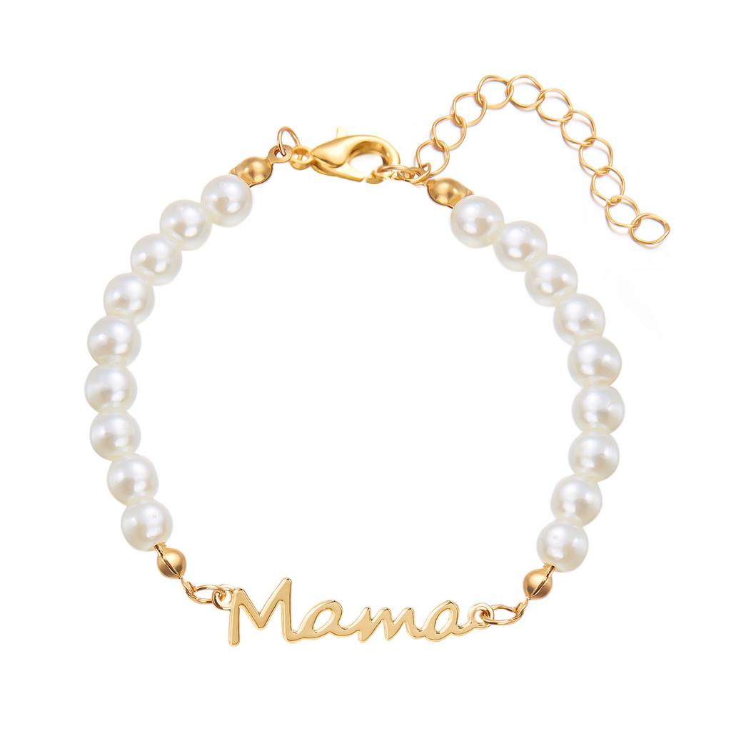Mother's Day Mama Letter Jewelry Set, Imitation Pearl Necklace Bracelet, Daily Fashion Gift for Mom