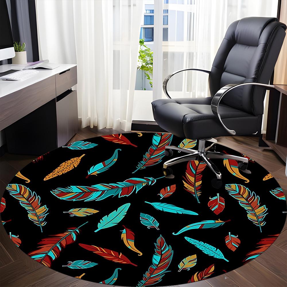 1pc Feather Pattern Office Round Area Rug, Indoor Mat Suitable ForOffice, Under Office Chairs Bedroom Living Room Home Decor, Room Deco 036