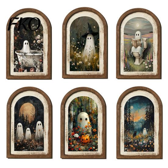 Autumn Fireplace Accent Halloween Ghost Wall Decor, Cute Table Sign, Vintage Arch Framed Shaped Wooden Decor Picture, Decorative Art for Mantel Living