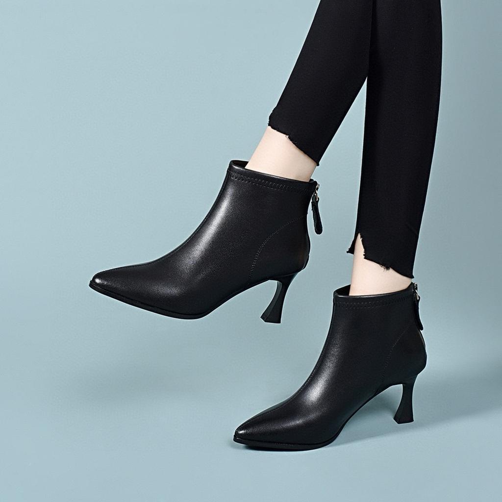 Pointed short boots women's autumn and winter simple temperament fashion boots black thin rear zipper leather boots cotton boots