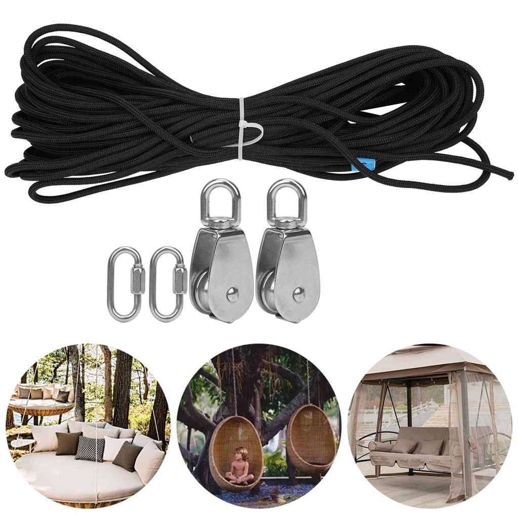 25MM Single Pulley Set with 30m Nylon Rope and 2Pcs PVC Carabiner Buckle Accessory