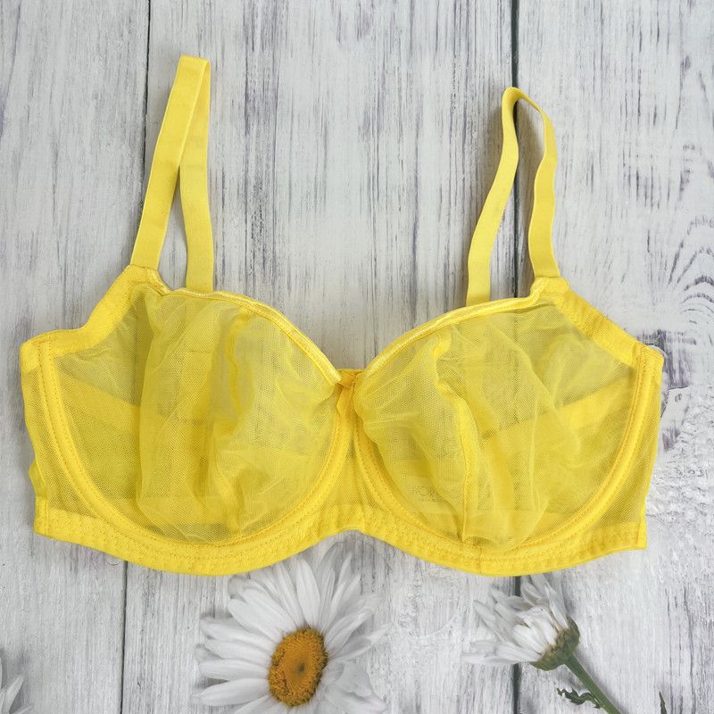 

#690 Модный экспорт Ультратонкое нижнее белье для полных девушек со стальным кольцом Ультратонкая сетка Размер Скрывающий бюстгальтер-110bcdefgh 105E/UK46DD Lemon yellow