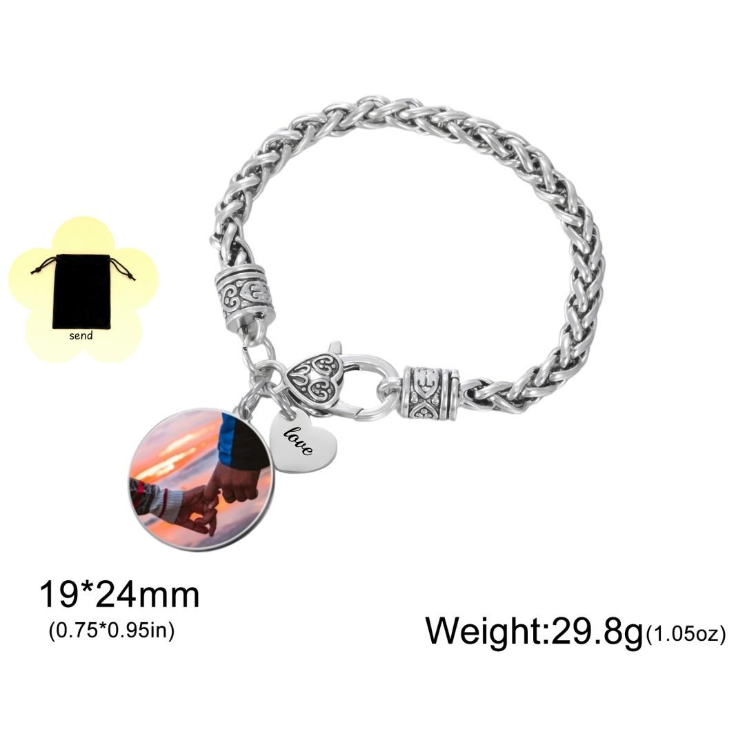 Customized photo circular pendant bracelet alloy personalized name text heart-shaped couple bracelet fashion jewelry 17cm