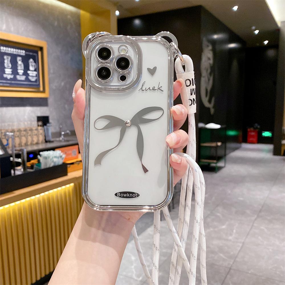 

Cute Bear Ear Plating Case For iPhone 11 13 14 Pro 15 Pro Max 12 X Xs Max 7 8 Plus Crossbody Necklace Strap Bow knot Clear Cover For iPhone 7 8 Plus