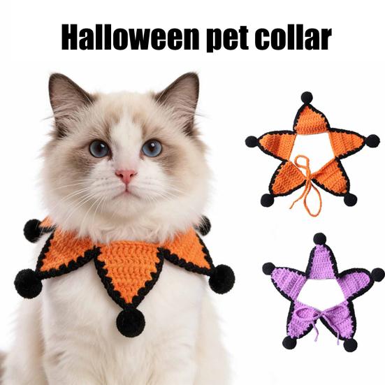 Five-pointed Star Pet Bib Knitted Bib, Handmade Shape Cat Crochet Small Dog with Black Pom-poms for Cats Dogs Halloween Outfit Non-tightening Collar