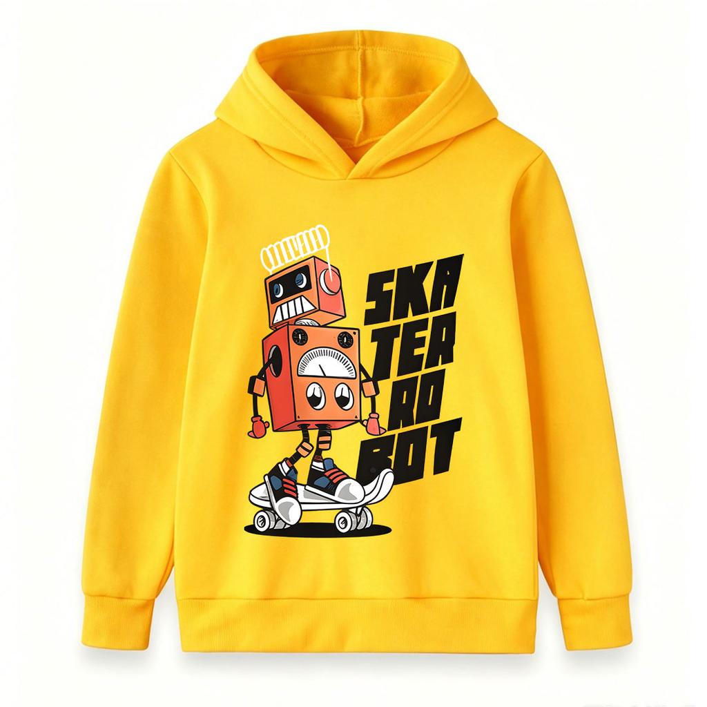 Kids Boys Girls Hooded Sweatshirt, Cool Cartoon Skater Robot Print Pullover Hoodie, Casual Soft Long Sleeve Top for Boys Girls Daily Wear Street Fashi
