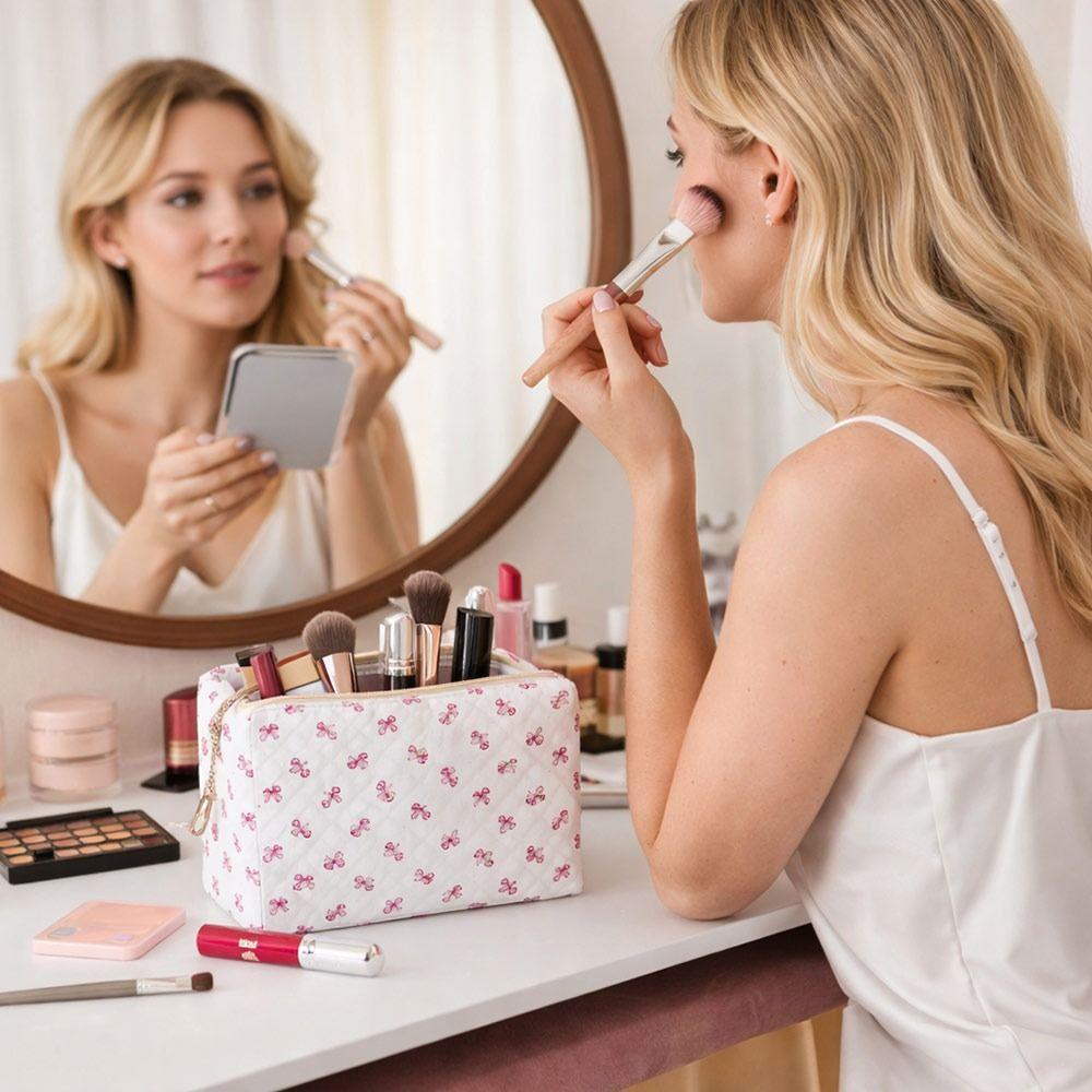 Portable Bow Makeup Bag Multifunctional Large Capacity Cosmetic Organizer Toiletry Handbag Women