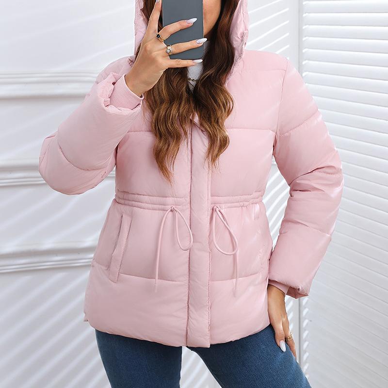 Cotton clothes women's winter European and American style large size women's clothing hooded waist drawstring cotton clothes women