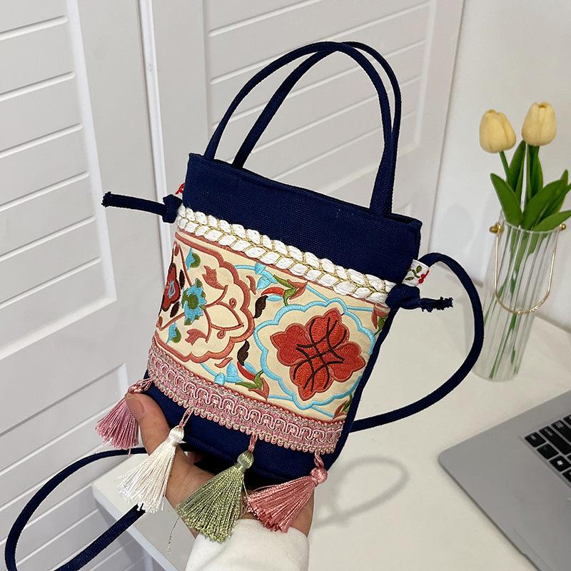 New Ethnic Style Women's Bag Simple and Fashionable Canvas Shoulder Bag Trendy Bucket Messenger Bag