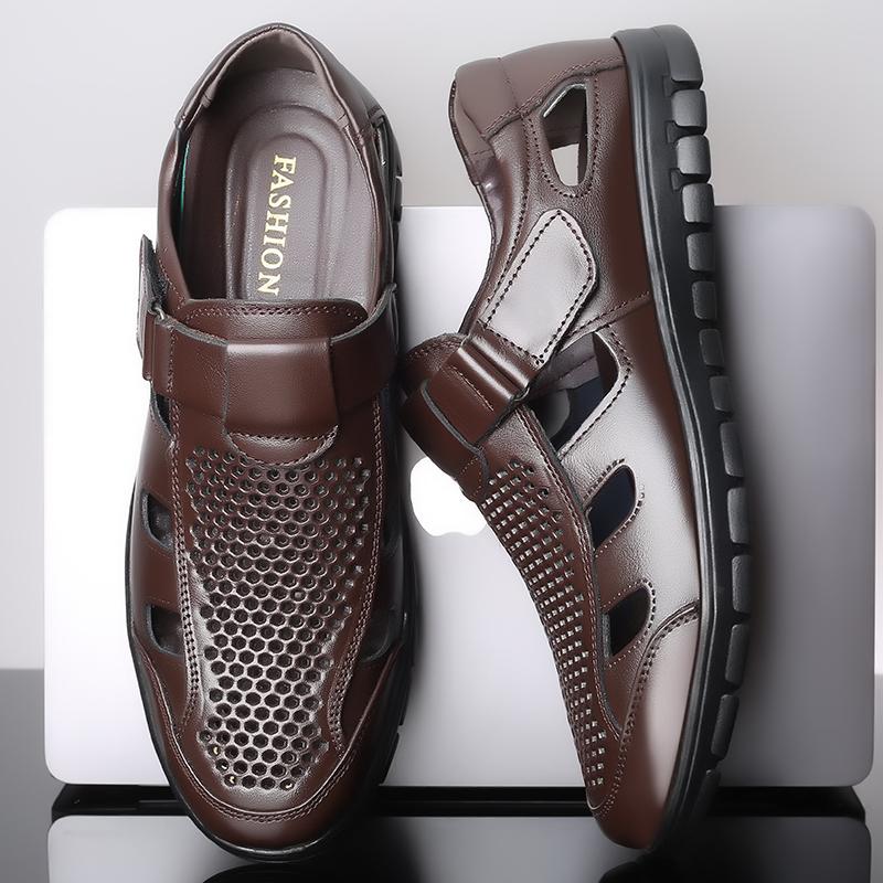 Casual Leather Sandals Breathable Men Summer Fashion Soft Non-slip Wearable Work Hollow Out Comfortable Male Classic Black Brown