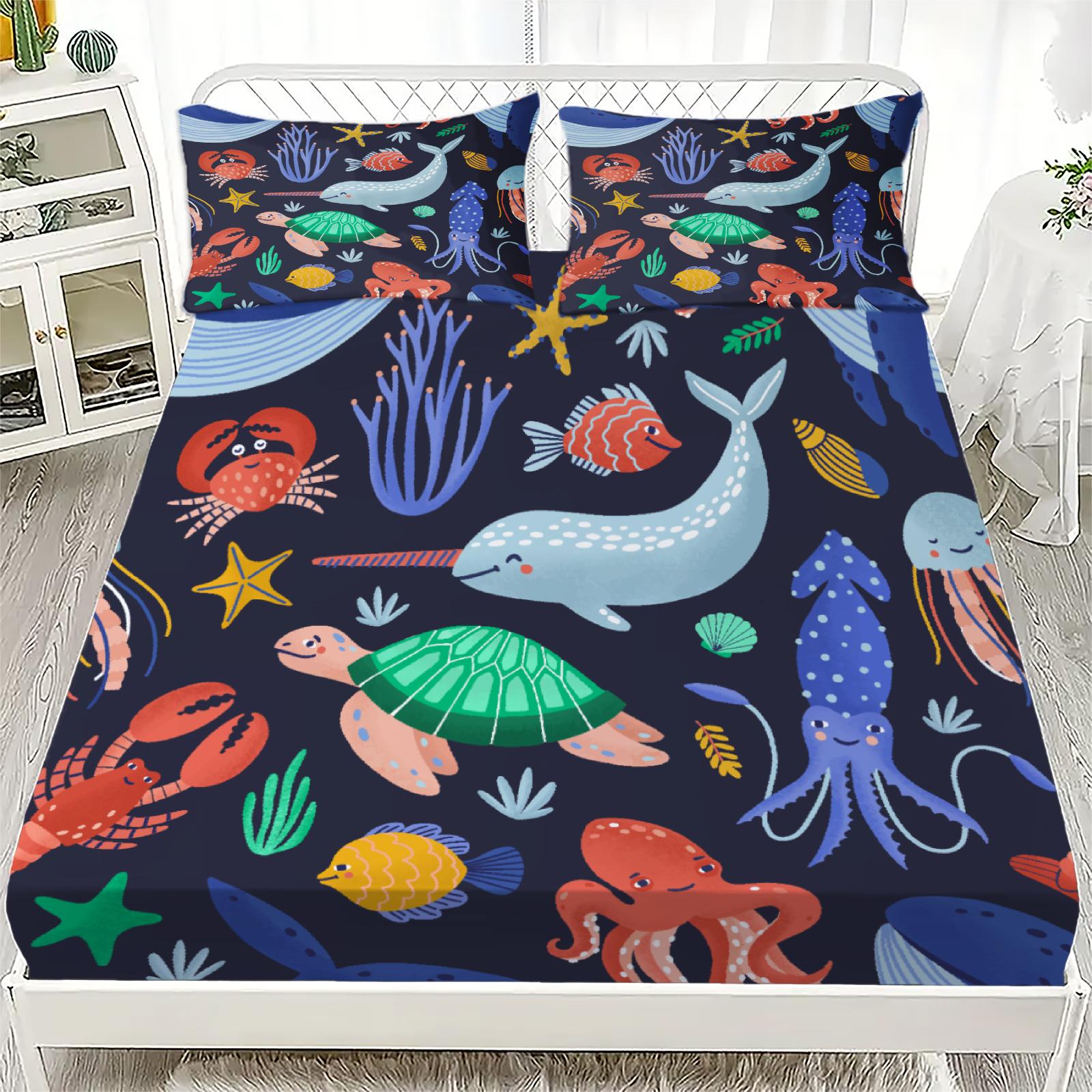 

3pcs 100% Polyester Fitted Sheet Vibrant Playful Cartoon Style Set Sea Creatures Pattern Print Design Bed Sheet With Pillowcases 99x190x25cm