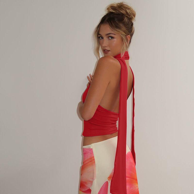Chic Women's Deep V-Neck Halter Top with Tie-up Back